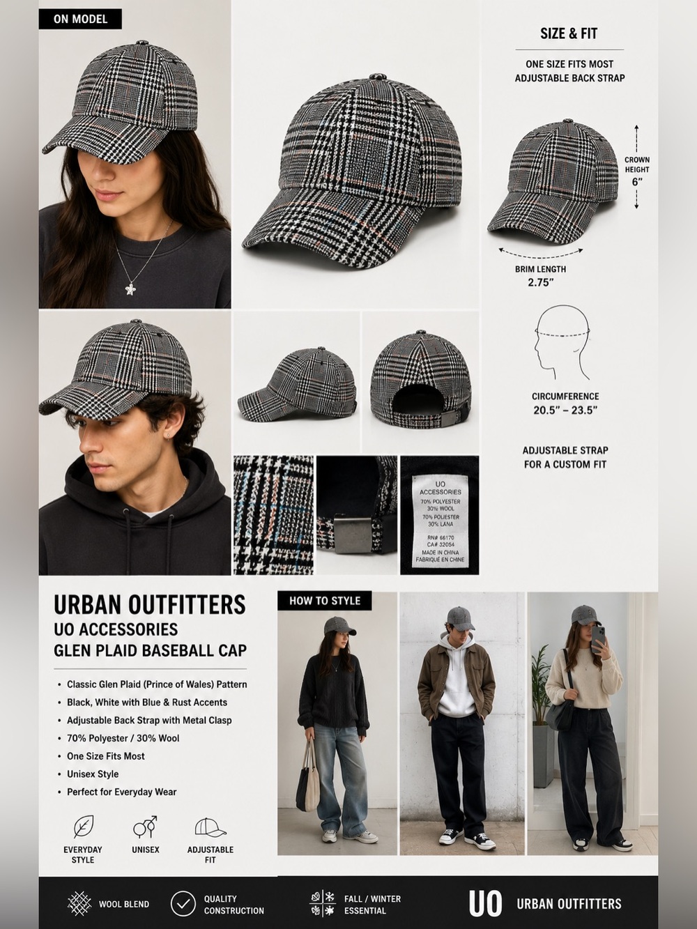 Urban Outfitters UO Plaid Baseball Cap Adjustable Black White Wool Blend Hat